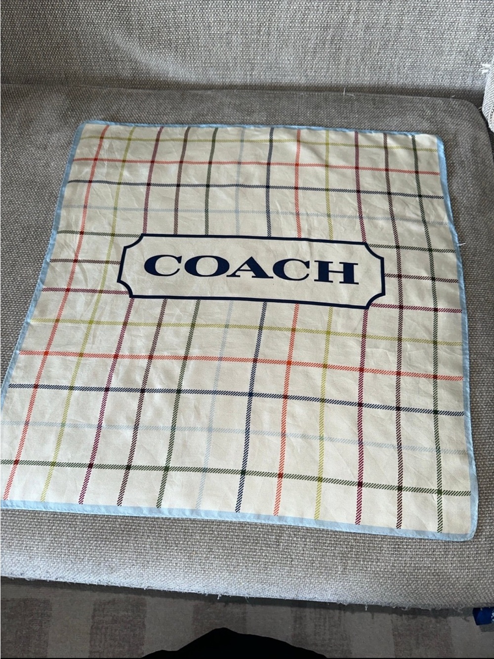 Coach Cream Plaid scarf with Light Blue Trim and Navy Logo